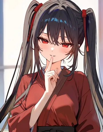 红衣双马尾少女托腮微笑的角色立绘